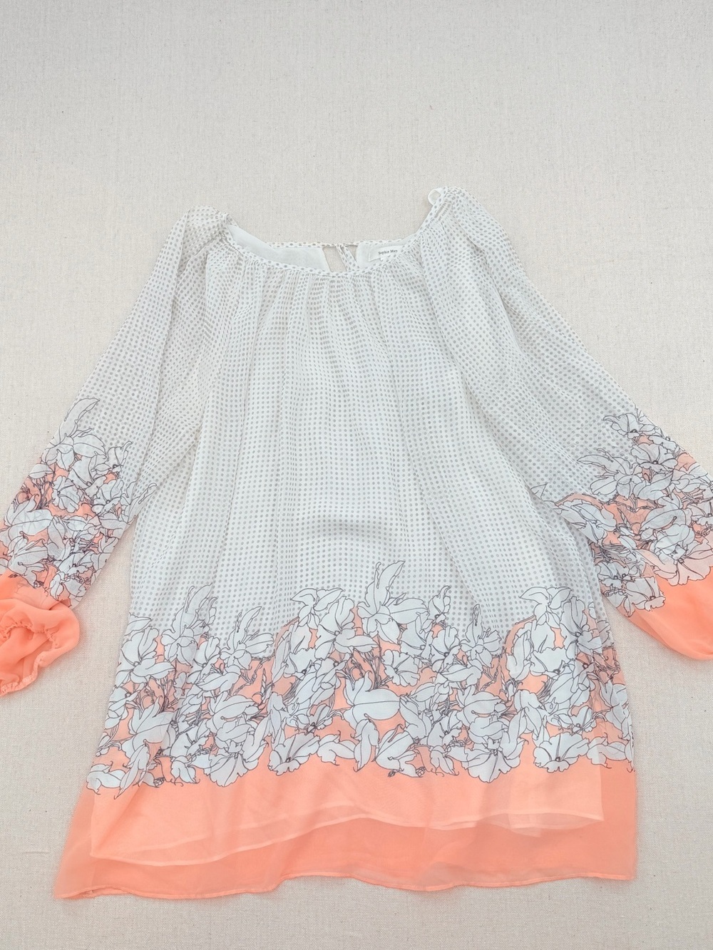 Sophie Max Floral-Trim Peasant Dress in Coral and Light Gray
